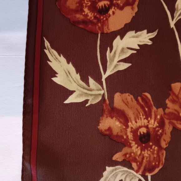 Anne Klein Silk Poppy Flowers Floral Scarf Brown Dark Red Cream Oblong 14" x 58" - Picture 8 of 15